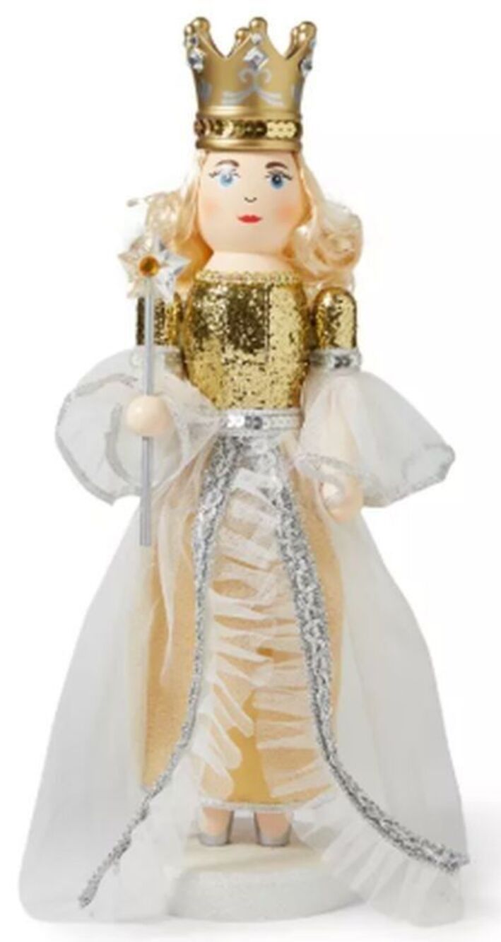 Wooden Christmas Nutcracker, 14", GOLD & WHITE FAIRY QUEEN/PRINCESS W/CROWN, BLK